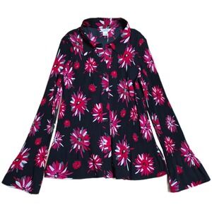 Christopher & Banks Pleated Down Shirt Women's Size XL Black Red Floral Print
